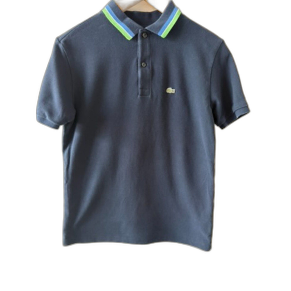 Lacoste Boys Size 16 Navy Blue Short Sleeve Polo Shirt Striped Collar PJ9702